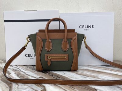 BOLSO LUGGAGE NANO DE TEJIDO Y PIEL CAQUI / TOSTADO CELINE